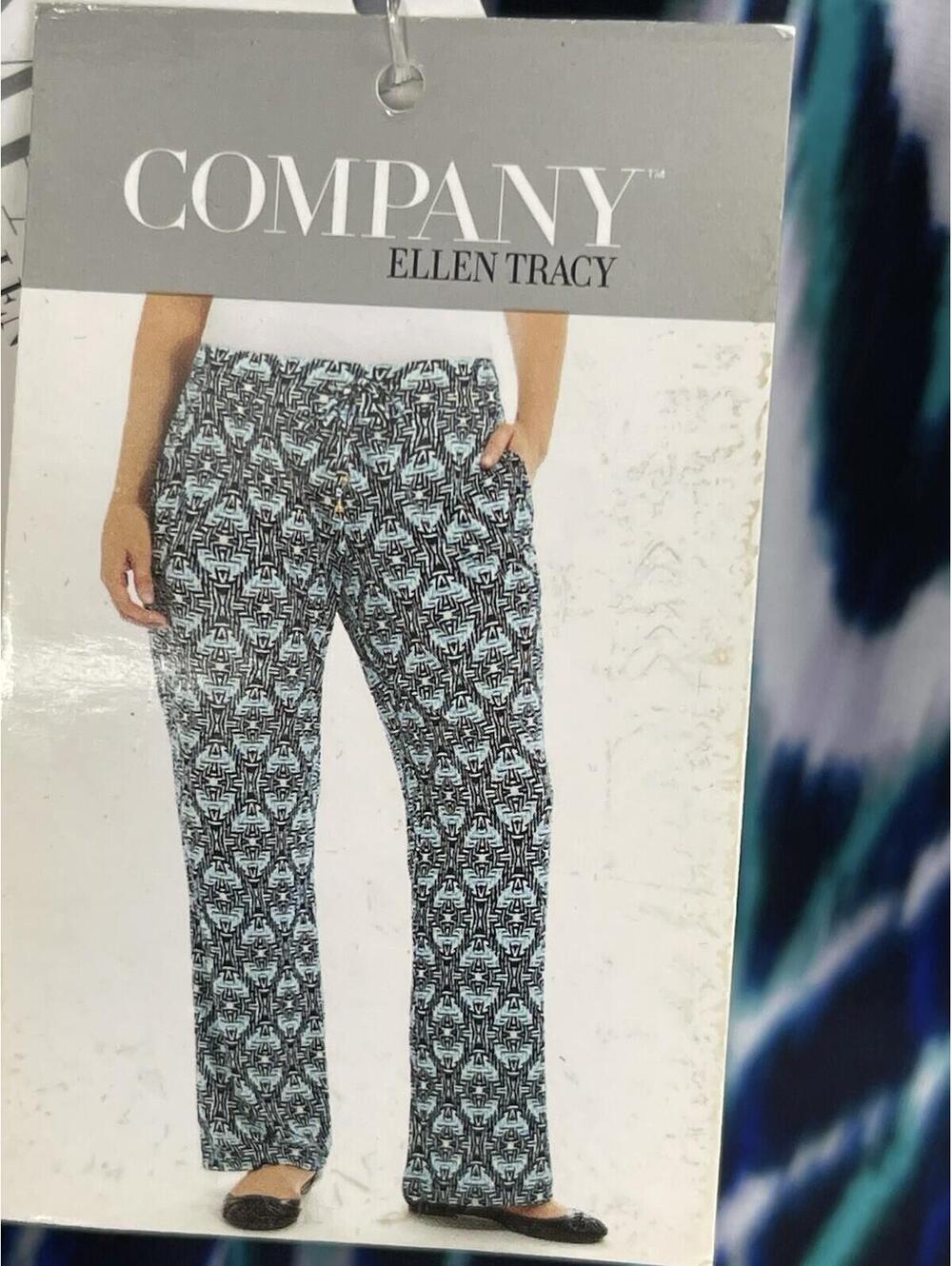 Ellen Tracy Pants Blue White Ikat Abstract Print Stretch Pull On Plus Sz 3X